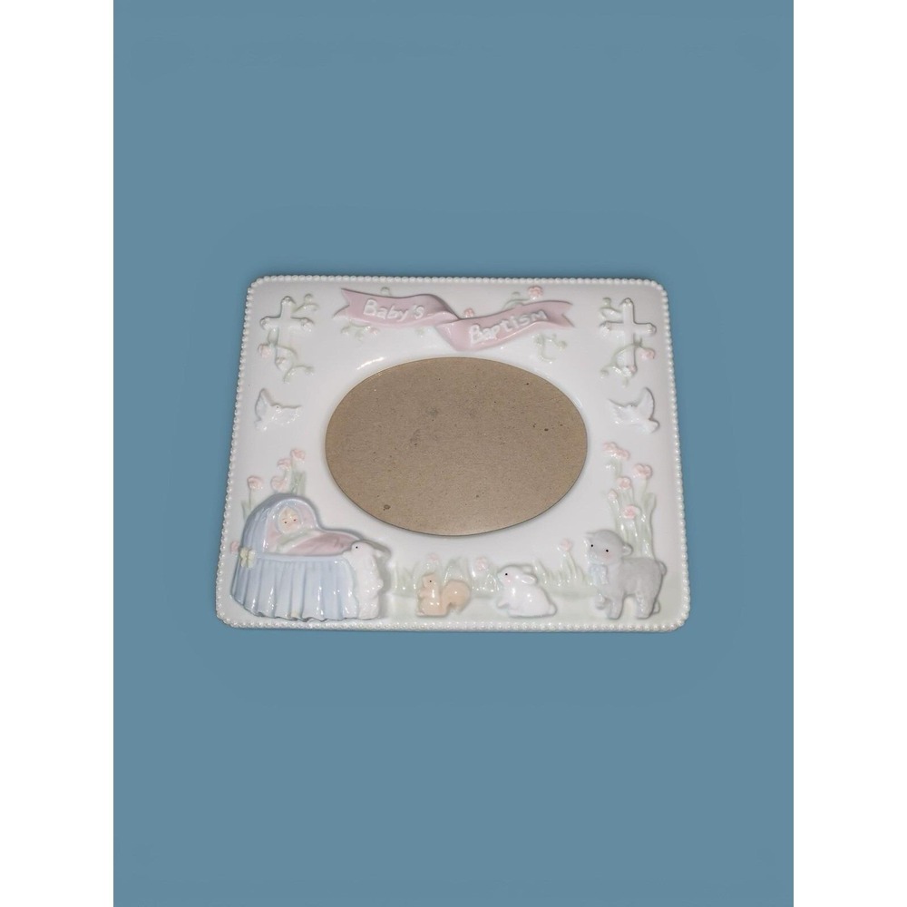 Vintage Russ Berrie Baby's Baptism Porcelain 4x6" Photo Frame 3D Unisex Pastels